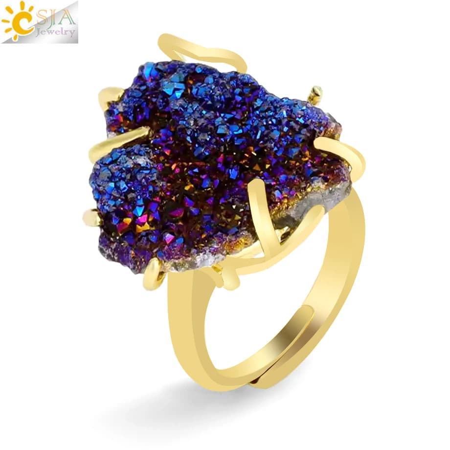 1pc Irregular Druzy Drusy Gold Color Luxury Crystal Ring Rainbow White Stone Bar rings Adjustable Jewelry Valentine's Gift H558