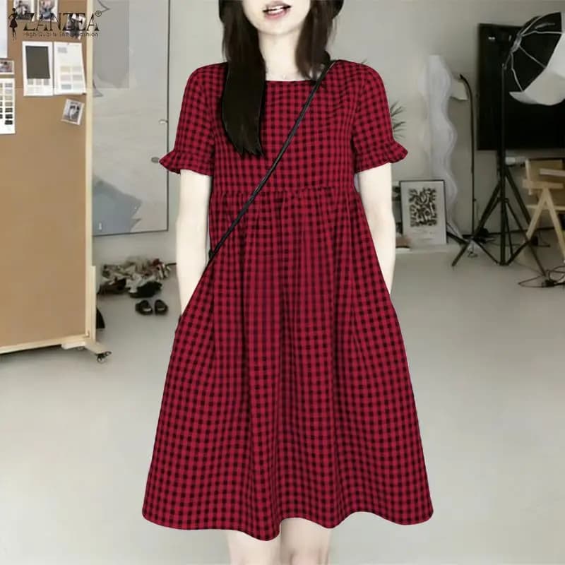 2026 ZANZEA Summer Plaid Dress Women Casual O Neck Short Sleeve Sundress Stylish Holiday Beach Knee Length Dresses Vestidos Robe