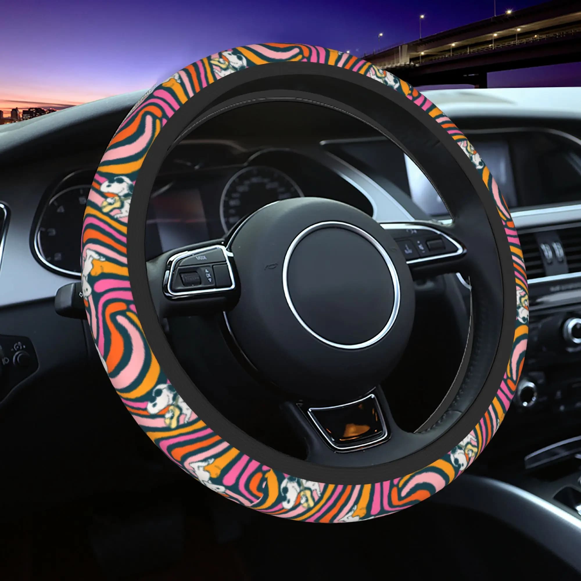 Car cover Snoopys & Woodstock Groovy Vibes violet, soft, with braid, car accessories