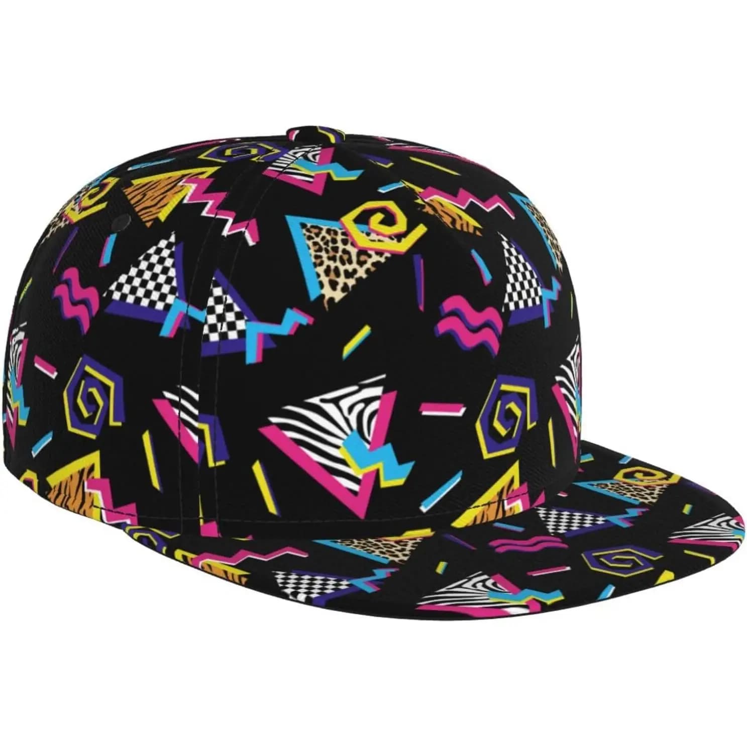 Retro 80s Neon Geometric-Pattern Snapback Cap Adjustable Breathable Fashion Snapback Flat Bill Hat Casual Hip Hop Hats