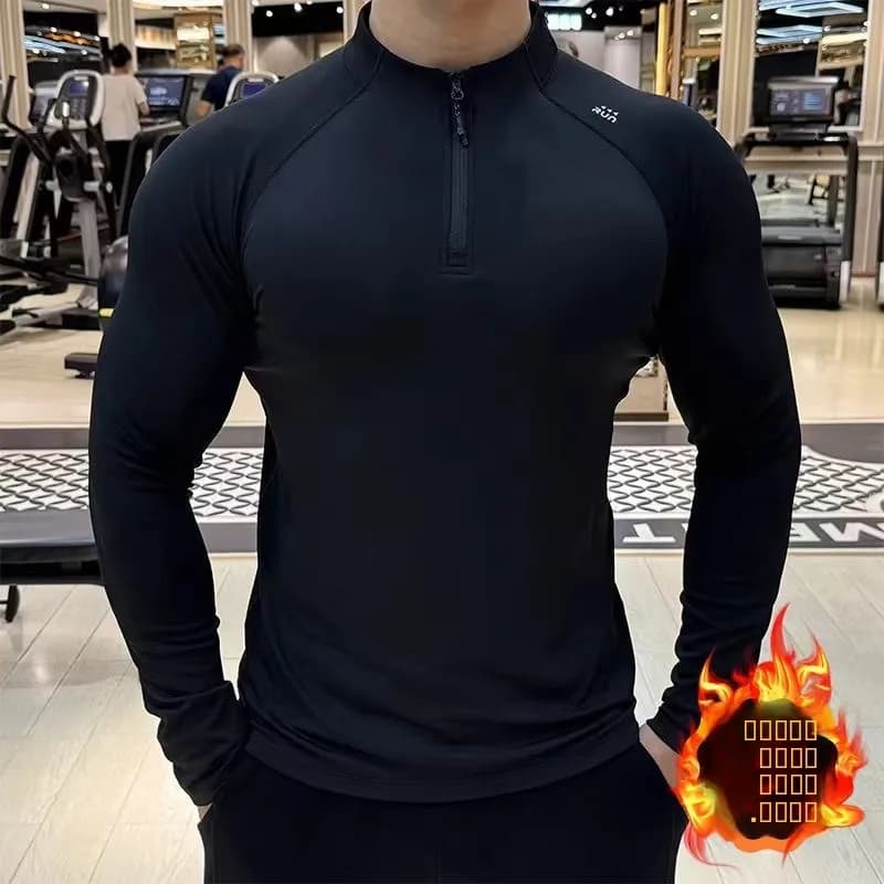 Men's long sleeve t-shirt, fast drying, with zip, for running, basketball, training, polyester fiber, winter sports clothing