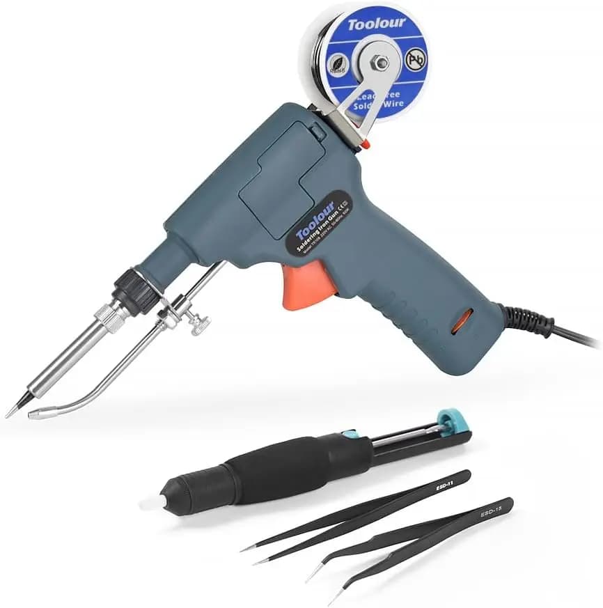 Kit Saldatore 6 in 1, Pistola Saldante 60W 110V a Temperatura Regolabile con Alimentazione Automatica, Filo e Pinzette per Riparazione Schede Elettroniche Fai-da-Te