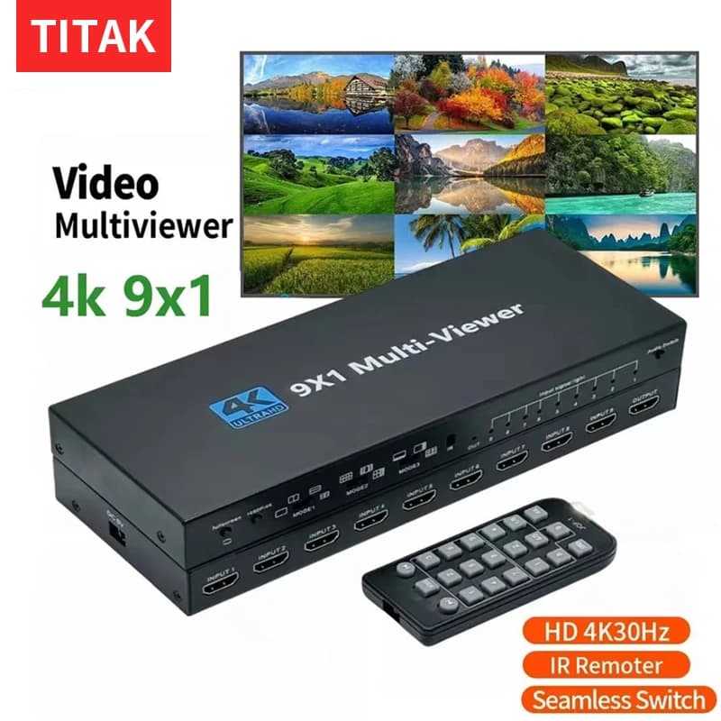 4K 4x1 9x1 HDMI Quad Multiviewer 4 9 Screen 9x1 Seamless Switch 9 In 1 out with Remote for Camera Monitor Switch Adapter