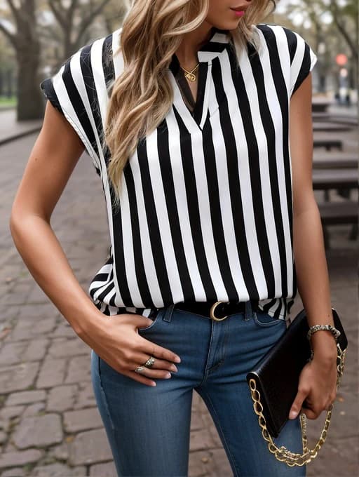 Casual loose shirt with white and black striped v neckline new summer 2024