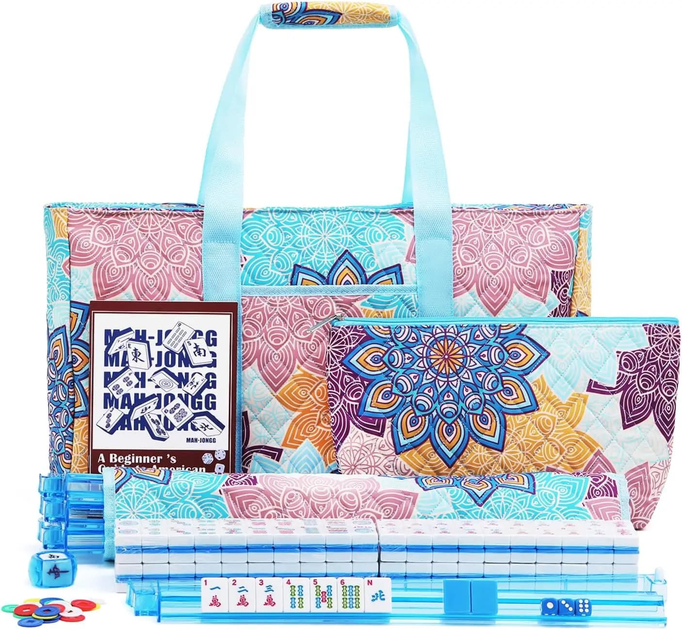 Set Completo di Mahjong con 166 Tessere Blu, Supporti e Borsa da Viaggio, Ideale per Regali