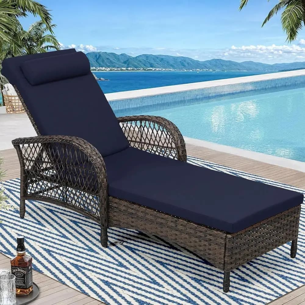 Adjustable reclining patio chair with 6 navy blue positions with cushion and cushion