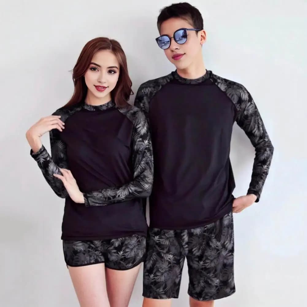 2 Pcs/Set Unisex Swimsuit Quick-drying Breathable Leaf Print Long Sleeves Couple Surfing Diving Bathing Water Sport Swimwear