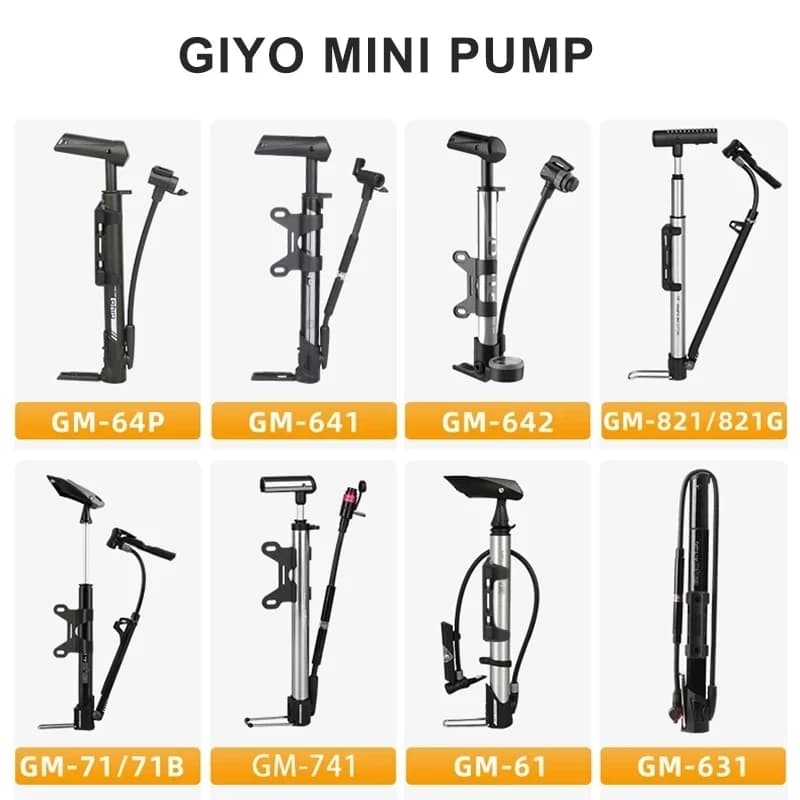 Pompa per bicicletta GIYO 2 in 1, da terra e manuale, mini pompa portatile per gonfiare pneumatici, compatibile con valvole Presta e Schrader (AV/FV), per MTB e bici da strada.
