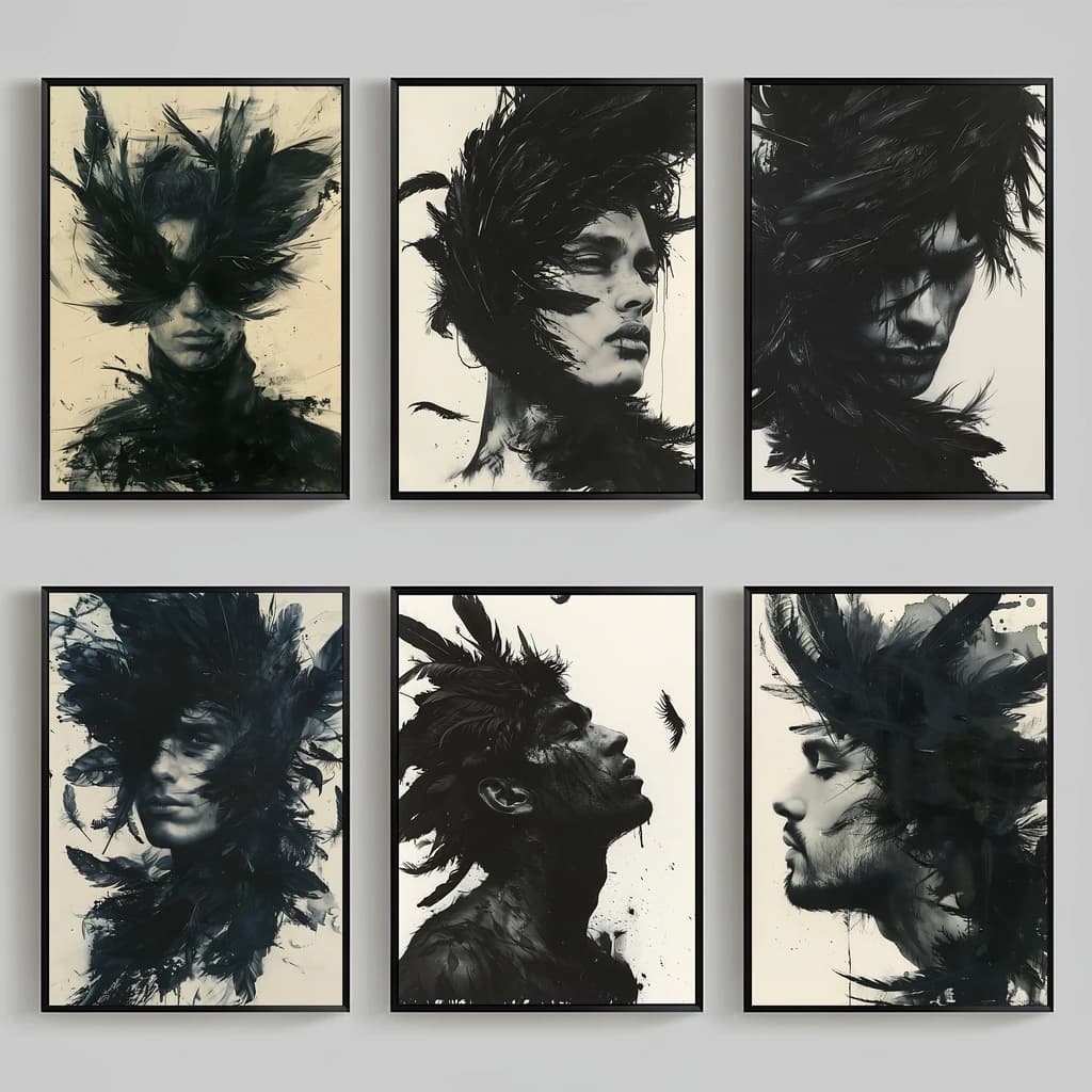 Abstract Wall Art Black and White Whimsical Dark Feathers Man Canvas Painting Modern Style Poster Prints Living Room Wall Dec