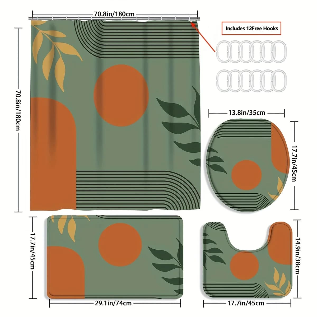 4pcs Boho Mid Century Leaf & Sun Shower Curtain Set, Abstract Geometric Design with Minimalist Leaves Pattern, Bathroom Set, Includes 12 Hooks, Toilet Lid Cover, U-Shaped Mat & Non-Slip Rugs, Modern Aesthetic Bathroom Accessories