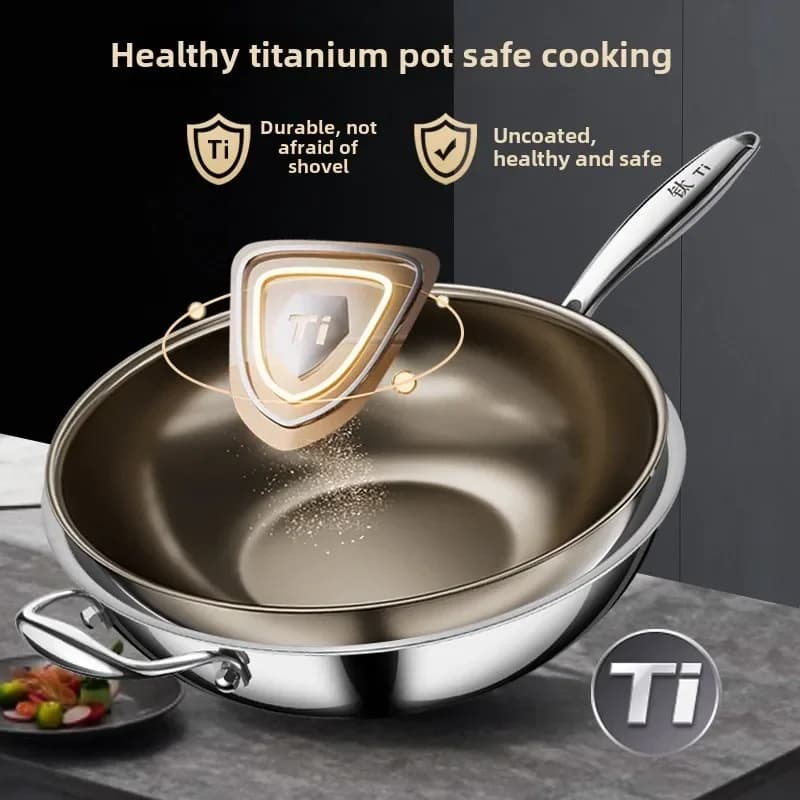Padella Wok in titanio puro - Padella antiaderente non rivestita per piano cottura a gas e induzione - Padella universale per uso domestico
