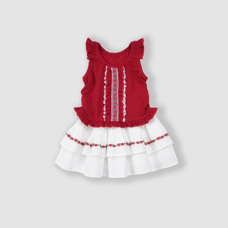Nuovo Set Estivo 2026 per Bambini: Top Senza Maniche e Gonna Corta con Bordo a Fungo e Fiori Rossi in Stile Etnico