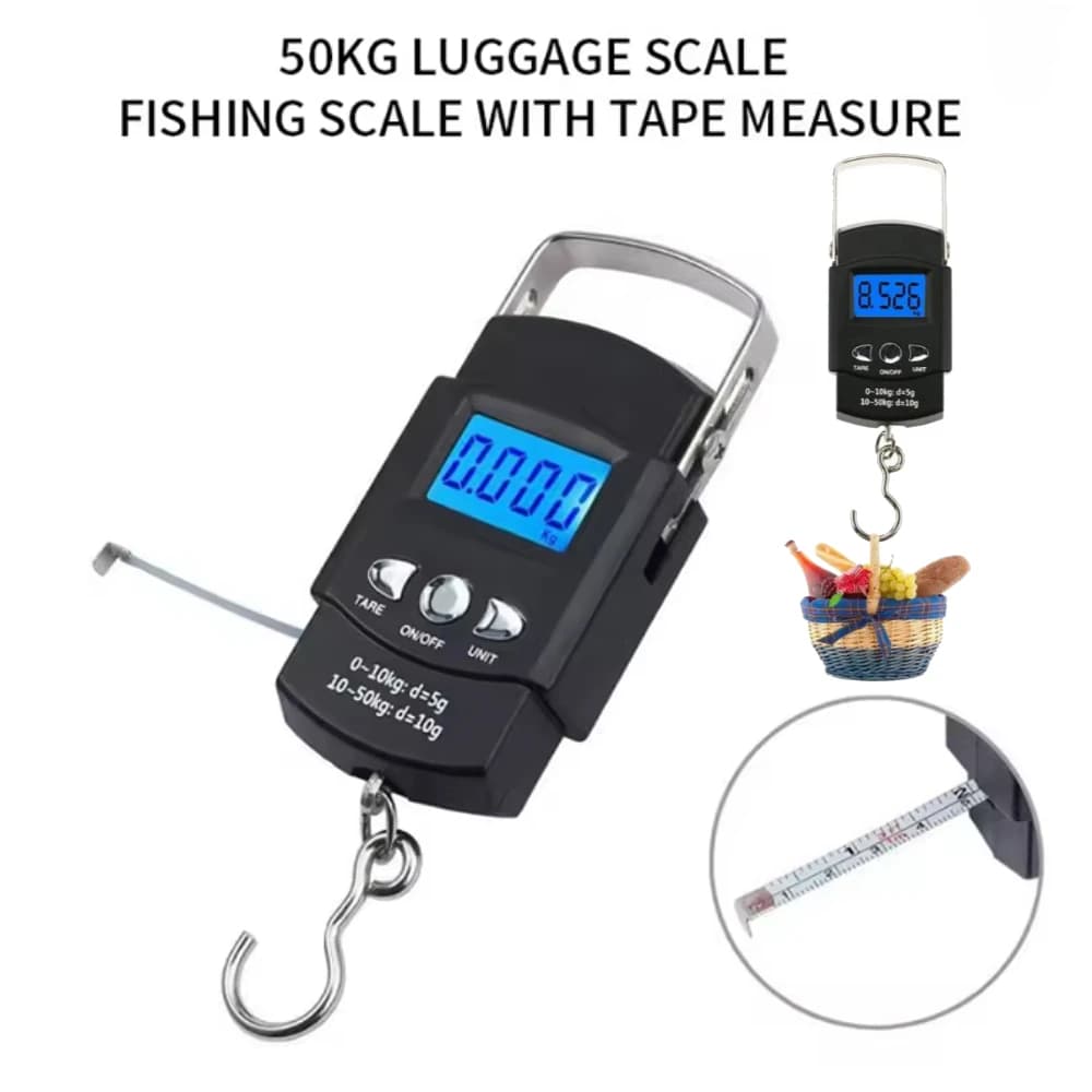 Mini bilancia digitale da 50 kg x 10 g per bagagli da pesca, pesatura da viaggio, bilancia elettronica portatile con gancio sospeso, bilancia a mano