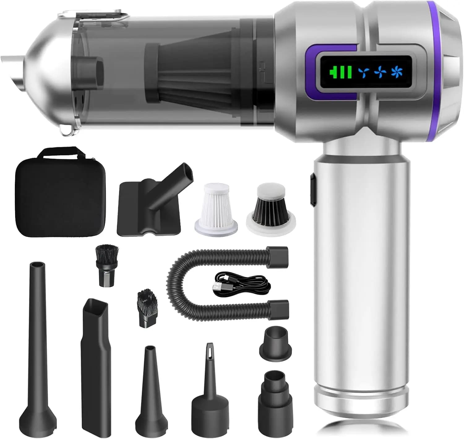 Aspirapolvere per auto 22000PA, portatile senza fili con display a LED, per auto, casa, ufficio, campeggio (viola argento)