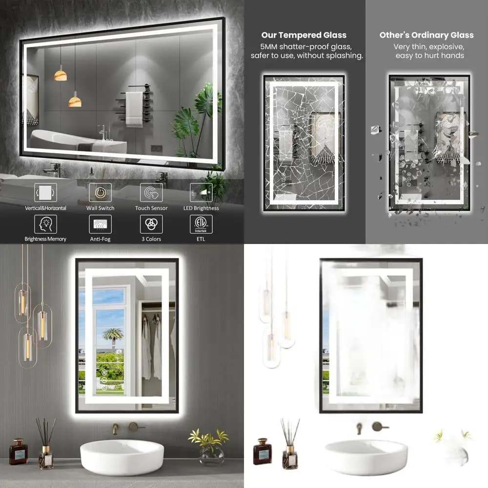 Specchio da Bagno a LED 24x36 con Illuminazione Frontale, Retroilluminato, Bordo Nero, Dimmerabile a Gradini, Antiappannamento, Antigraffio, con Memoria