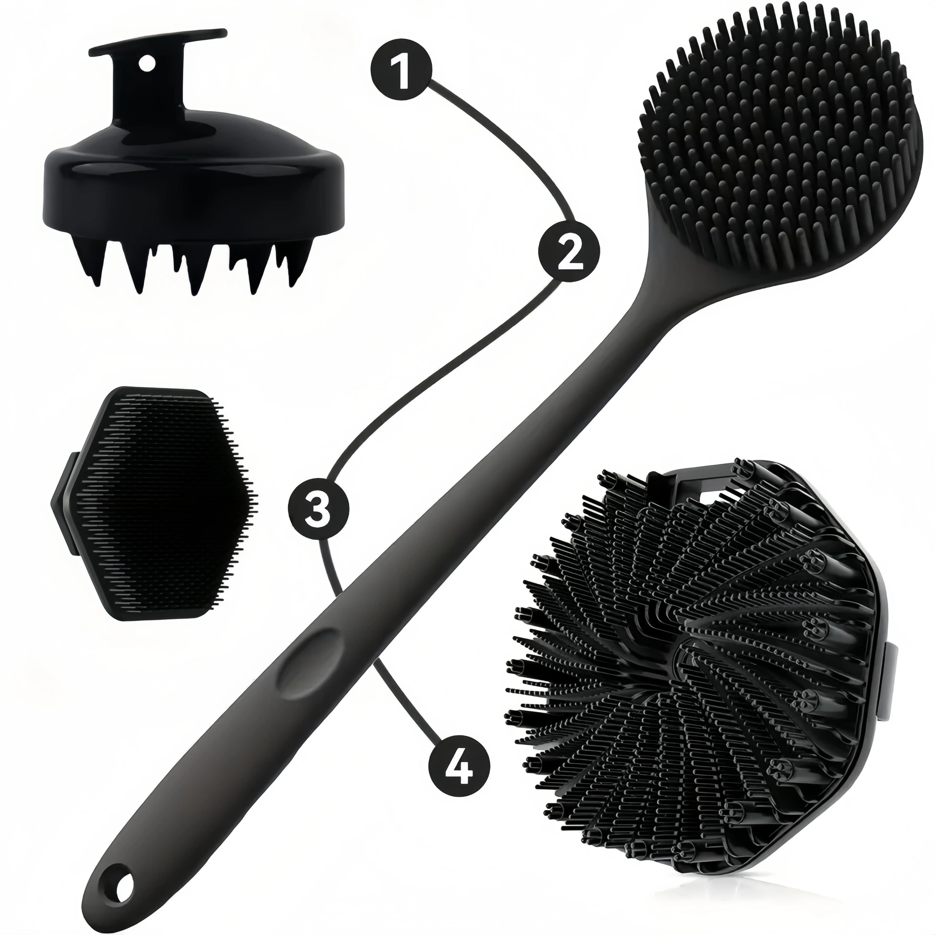 Set di 4 spazzole da bagno in silicone, comprese un scrubber per capelli: setole morbide per la pulizia del corpo e del cuoio capelluto