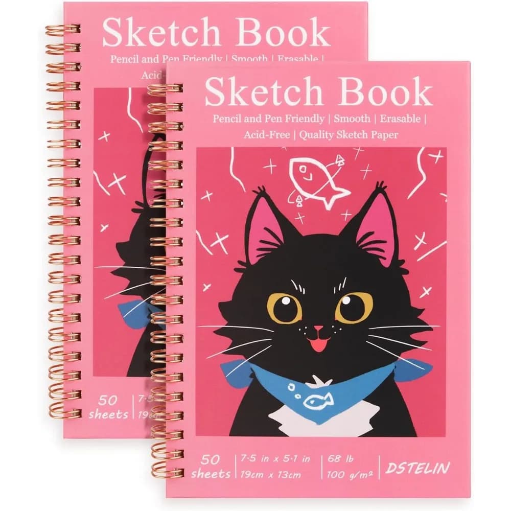 2 Pack Spiral Sketchbooks, 100 GSM Paper, 50 Sheets, 7.5" x 5.1" for Art and Sketching