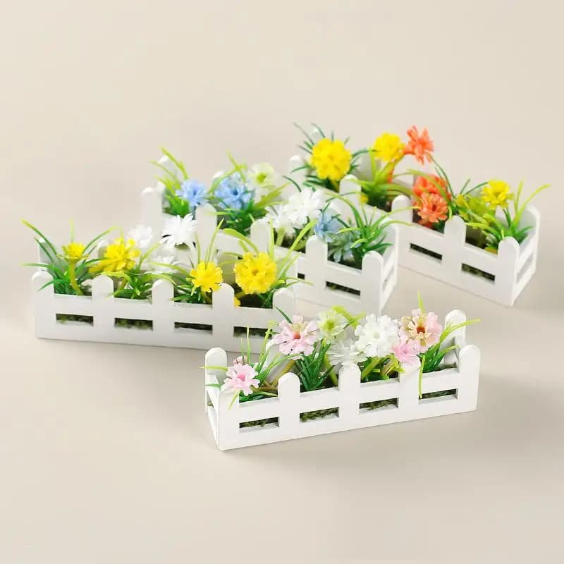 Piante in vaso in miniatura realistiche da 1 pezzo con recinzione floreale per giochi di finzione, giocattolo per decorazioni da giardino per case delle bambole in scala 1:12