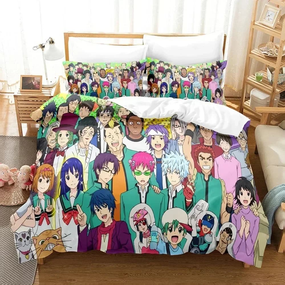 Set di biancheria da letto Anime The Disastrous Life Of Saiki K, copripiumino, lenzuolo, federa stampata, piumino matrimoniale, queen size, king size, per camera da letto
