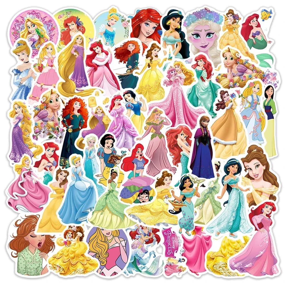 50PCS Cute Princess Stickers Toy For Kids PVC Waterproof Luggage Laptop Notebook Guitar Suitcase Car Disney Cartoon Decals