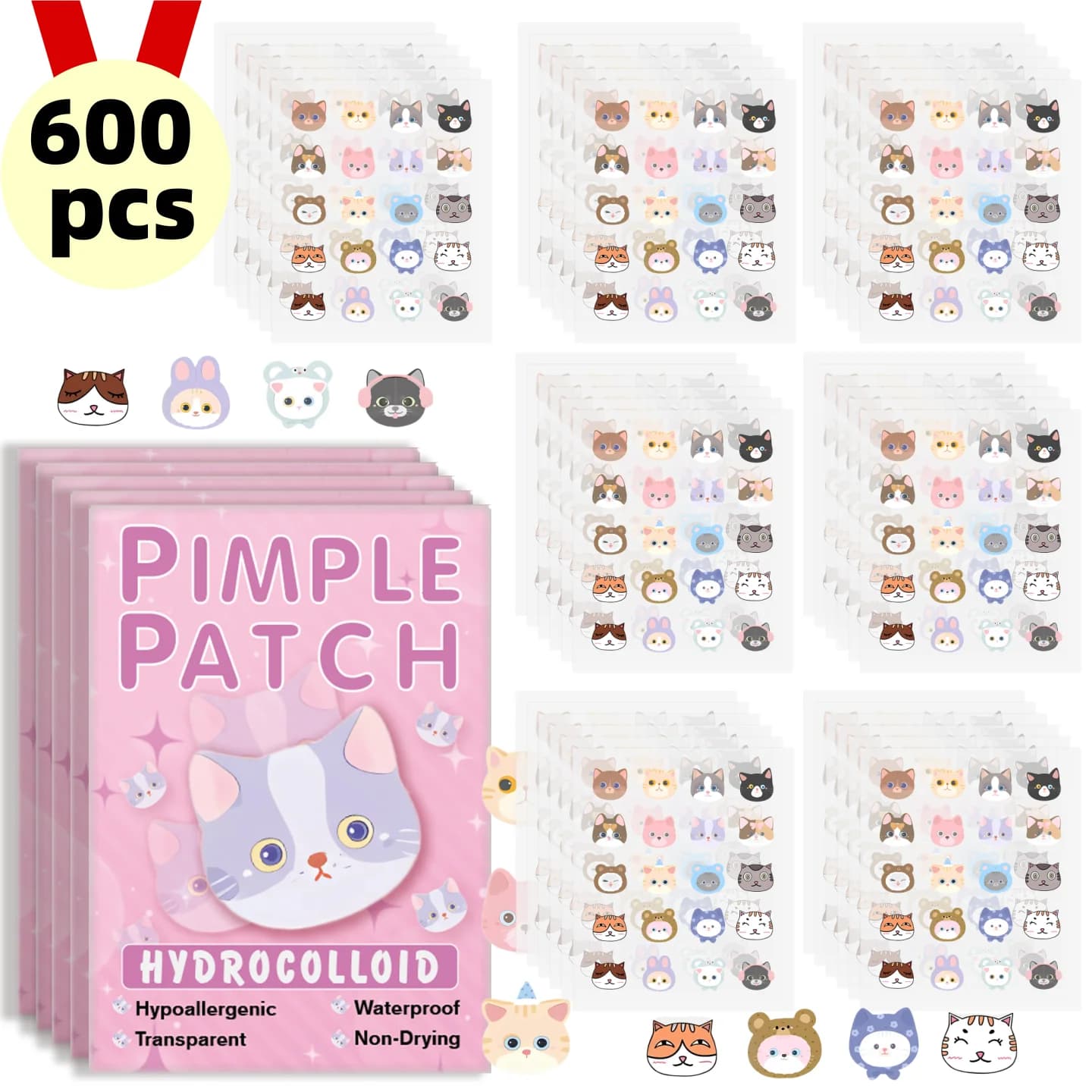 600 Pieces of Cerotti for Acne Shaped Cat Cartoon, Cerotti Faces for Acne, Cerotti Covers for Acne and Brufoli, Ultra-thin and Breathable