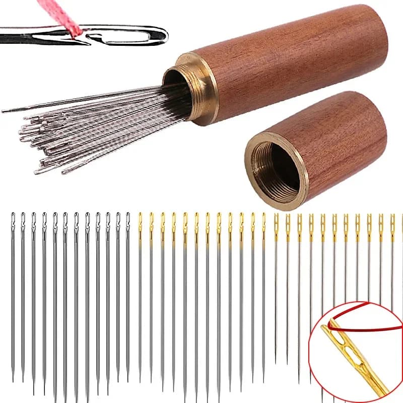 12/24 Pezzi Aghi da Cucito per Non Vedenti, Astuccio in Legno, Ago Auto-Infilante per Anziani, Ago in Acciaio Inossidabile con Foro Laterale, Strumenti per Cucito