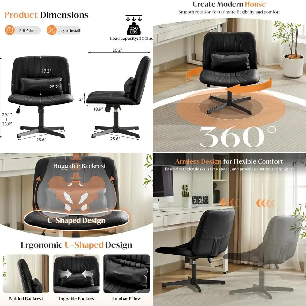 Office Chair without Arms with Bearing Thickness, Poggiatesta, Adjustable Seat for Home and Desk (Nera, No Wheels)