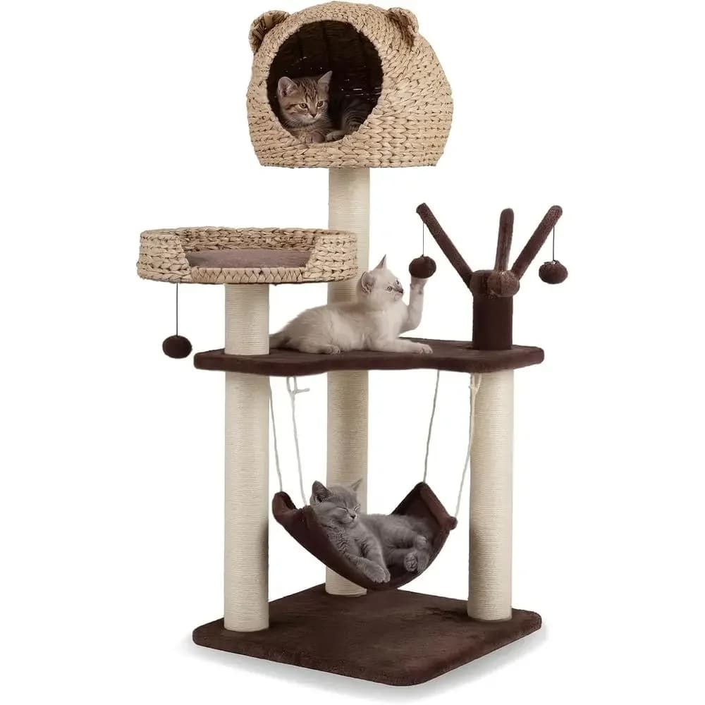 Multi-Level Cat Tree with Sisal Posts, Hammock, and Cute Condo with Toy Balls (Brown)