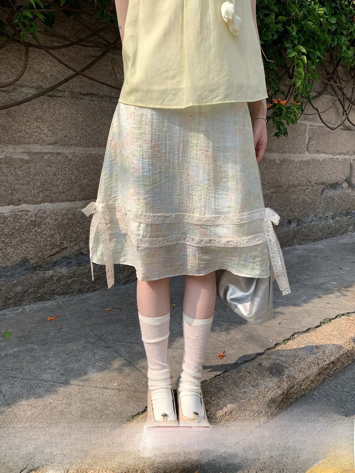 Gonna a trapezio da donna MUCHA Wood Tea "Echinacea Hymn Summer" stile country con nodo floreale in pizzo, vita standard
