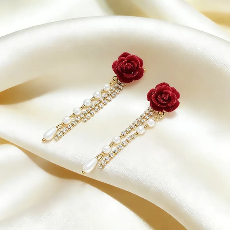 Red velvet rose flower stud earrings women's new retro high-end earrings long temperament pearl fringed jewelry