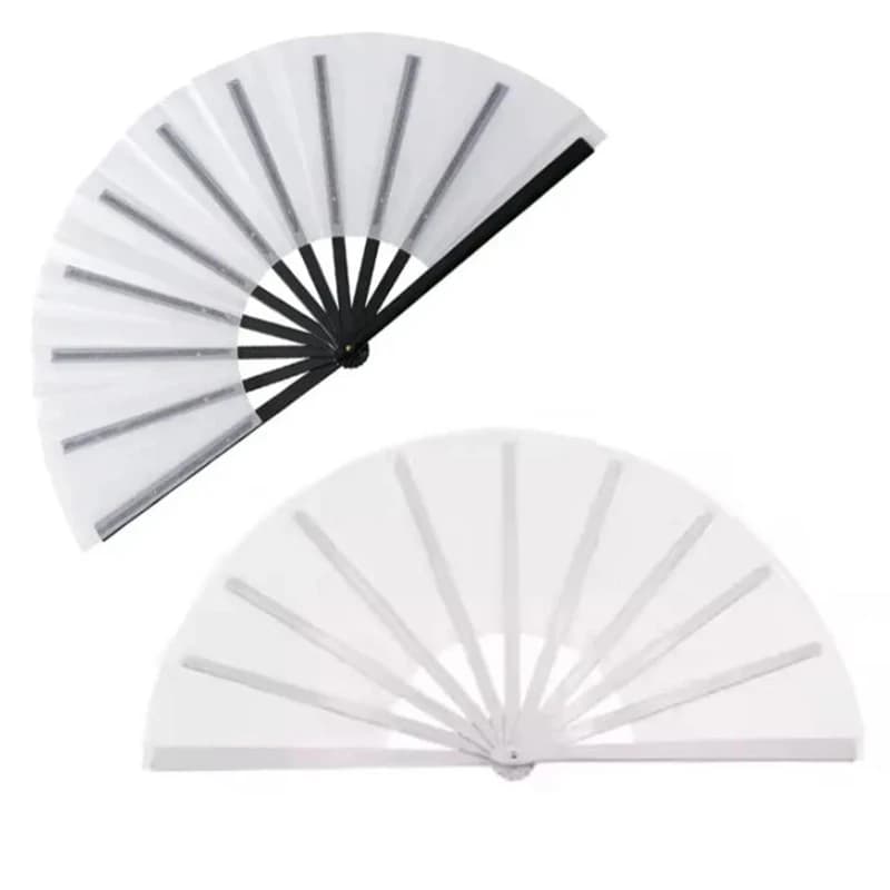 Ventaglio Clack in poliestere bianco da sublimazione da 10 pezzi da 13 pollici con manico in plastica - Pronto per sublimazione a caldo, design pieghevole per feste