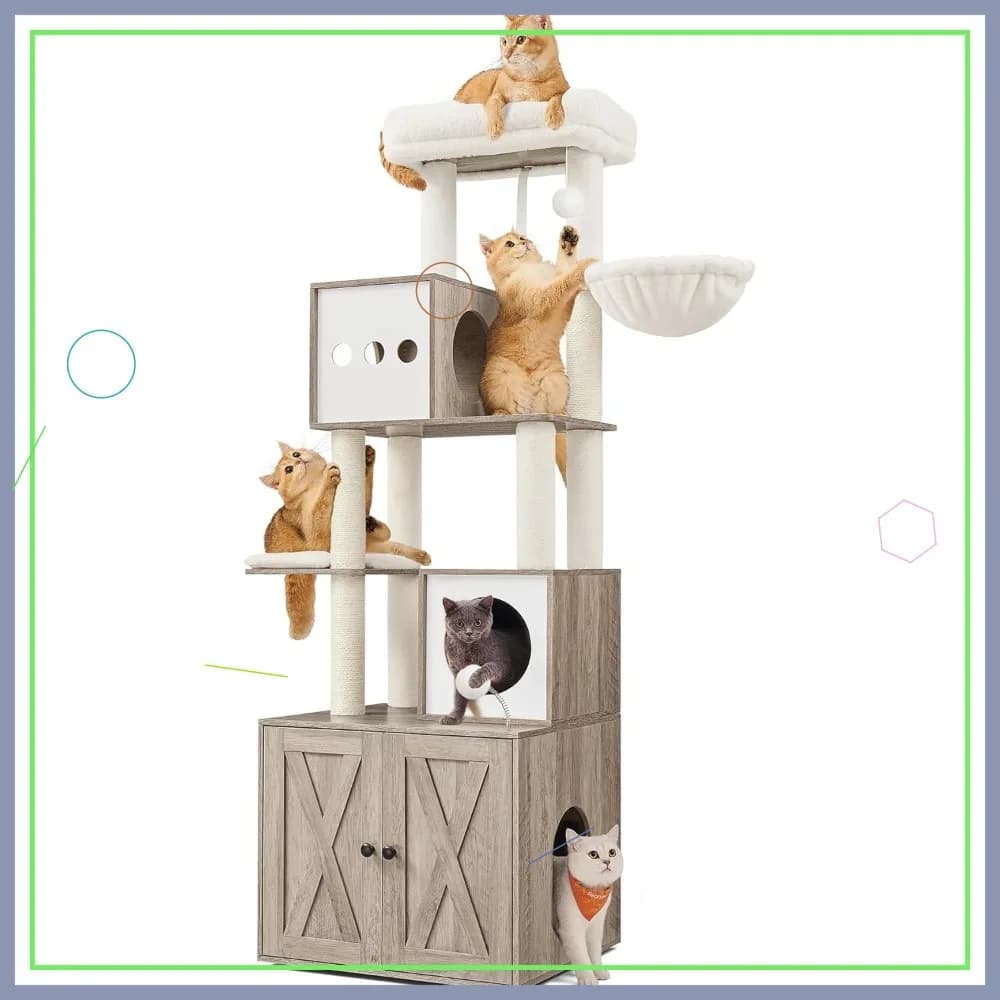 Albero per gatti da 70,1 pollici con box per lettiera, Cuccia moderna 2-in-1, Tiragraffi, Posatoio, Grotte, Cesto, Cuscino lavabile