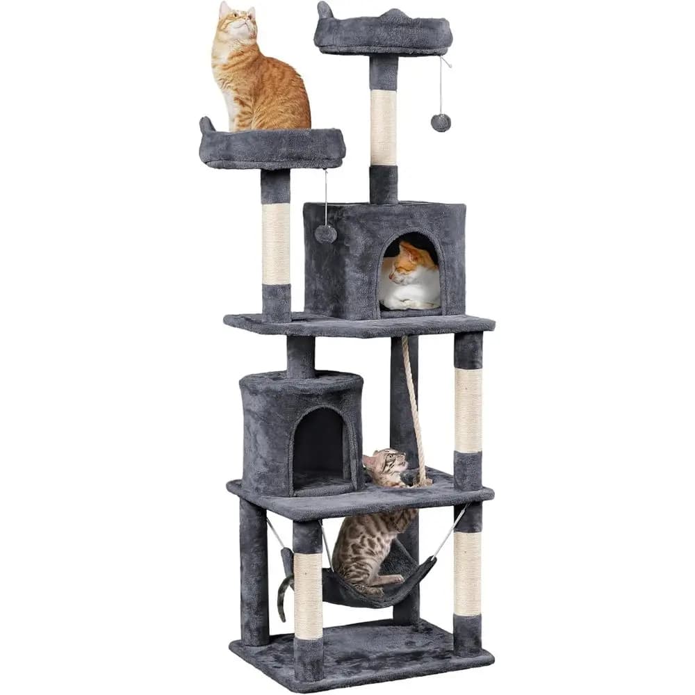 Albero per Gatti a 70,5 Livelli con 2 Cucce, Posti Relax in Peluche, Tiragraffi e Palla Pendente per Gatti di Taglia Media e Grande - Grigio