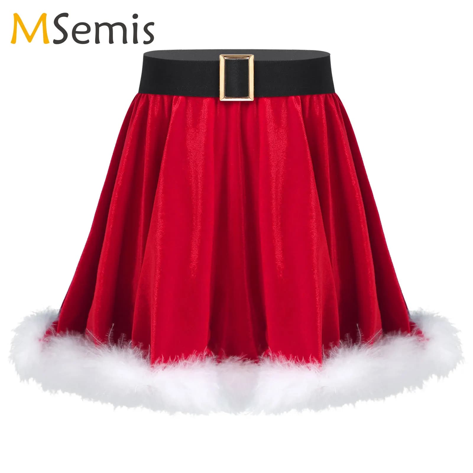 Ragazze natale Mrs babbo natale Costume minigonna arruffata a vita alta con cintura in pelliccia Trim velluto Dance Party pattinaggio su ghiaccio Dancewear