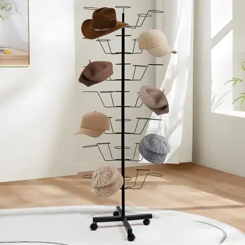 7-Tier Rotating Metal Hat Organizer With Casters, Sturdy Display Stand For 35+ Caps, Ideal For Retail Boutiques And Home Storage