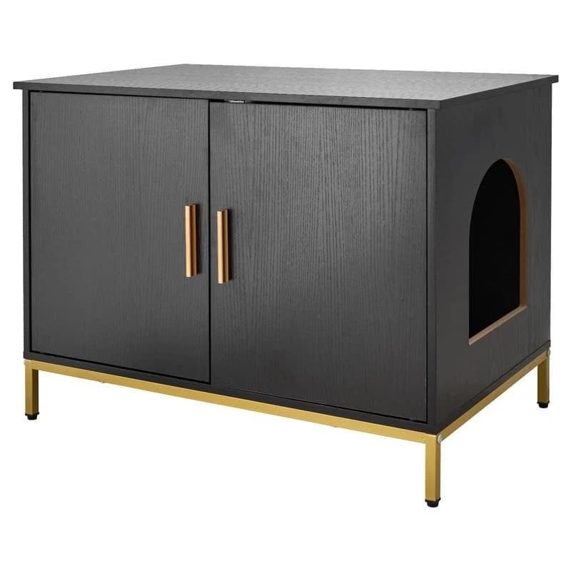Feline Hidden Cabinet 27.6in for Bedroom Living Room Pet Washroom, Modern Style Cat House Side Table Interior Furniture Metal Support Legs Pull Handle Accessory