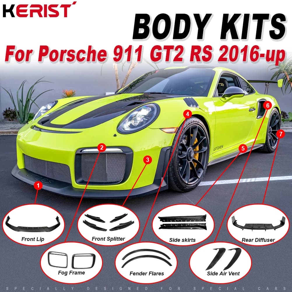 Kit carrozzeria in fibra di carbonio: spoiler anteriore, minigonne laterali, spoiler posteriore per Porsche GT2 RS