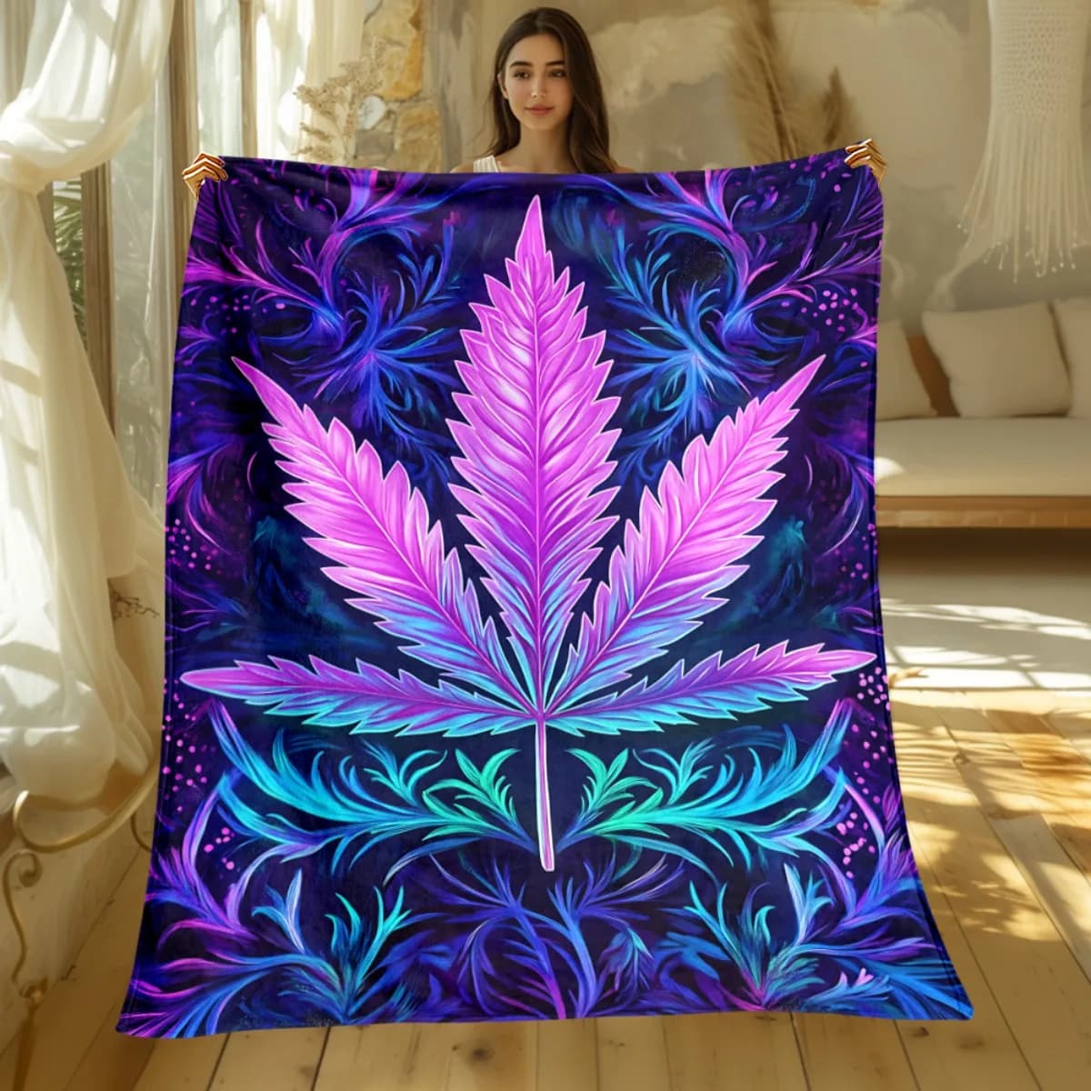 Coperta in flanella con motivo a foglie di cannabis viola, morbida e accogliente, design artistico psichedelico, regalo per gli amanti della marijuana