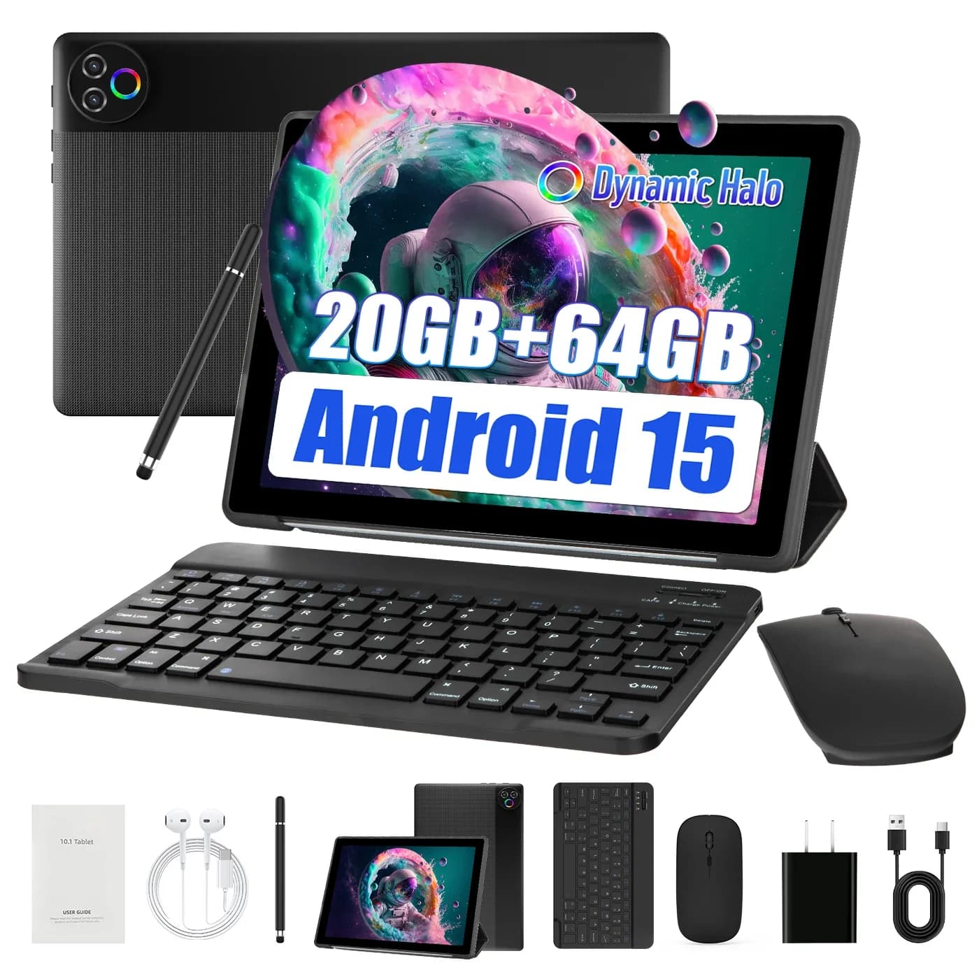 URAO Android 15 Tablet da 10.1 pollici 20(3+17) GB RAM 64 GB ROM 5 core Doppia fotocamera Tablet PC Set tastiera/custodia/mouse/stilo/cuffie