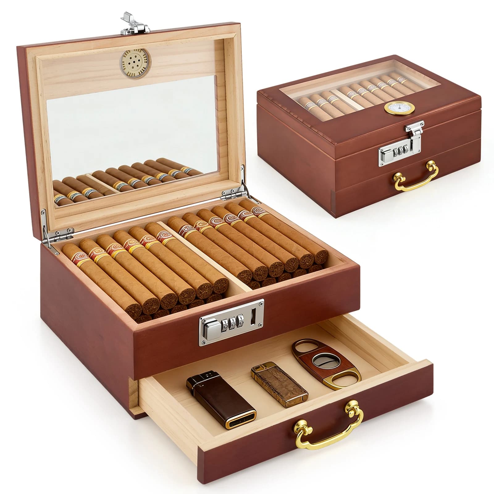Round Hygrometer Wooden Cigar Humidor Transparent Cigar Storage Box 30-50 Counts Capacity With Cigar Humidifier Travel Glass