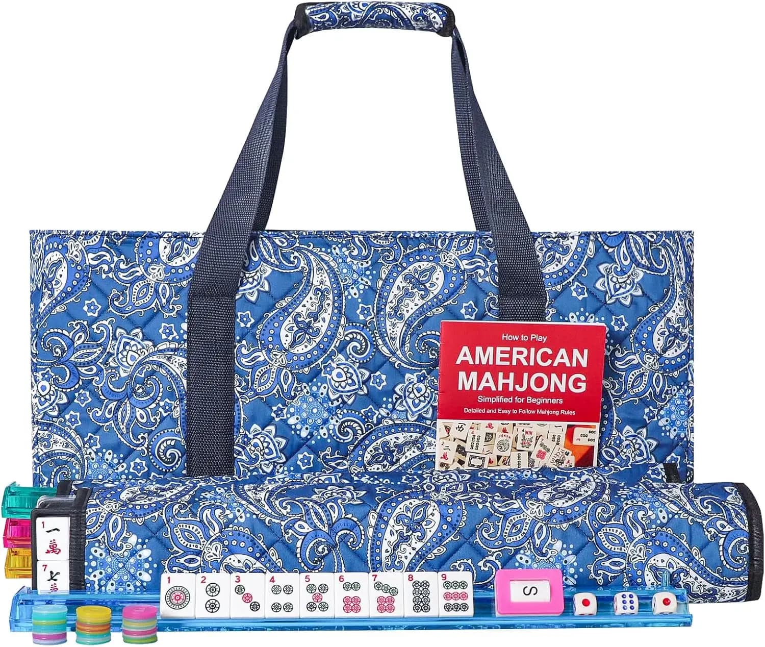 Set Mahjong Americano, 166 Tessere, 4 Supporti/Spingitori, Borsa Blu