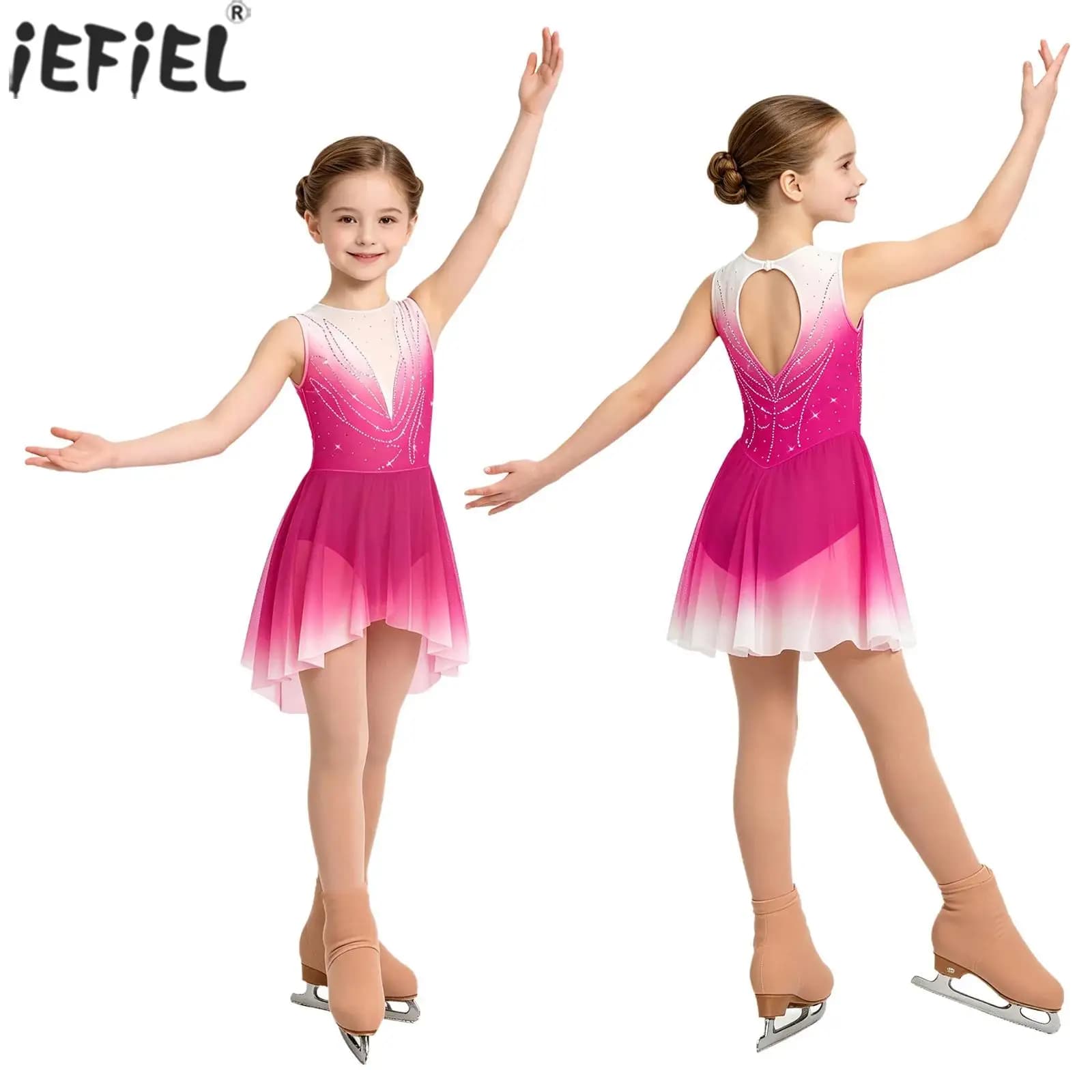 Kids Girls Figure Ice Skating Lyrical Dance Costume Shiny Rhinestones Sleeveless Mesh Dress Ballet Rhythmic Gymnastics Leotard