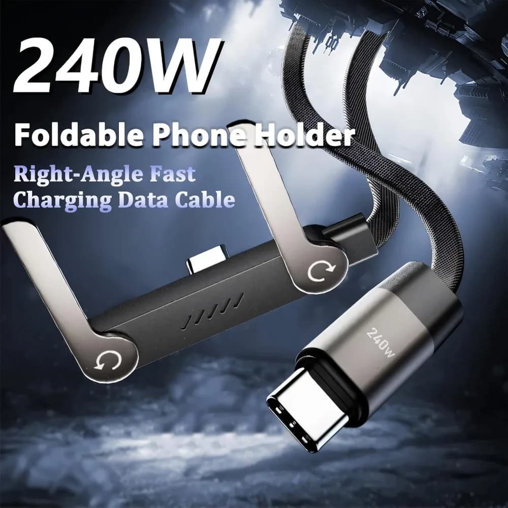 Cavo di Ricarica Super Veloce 240W 1,5m 2 in 1 con Supporto per Telefono, Cavo di Ricarica Rapida Tipo C Intrecciato per Gaming, Ufficio e Viaggi