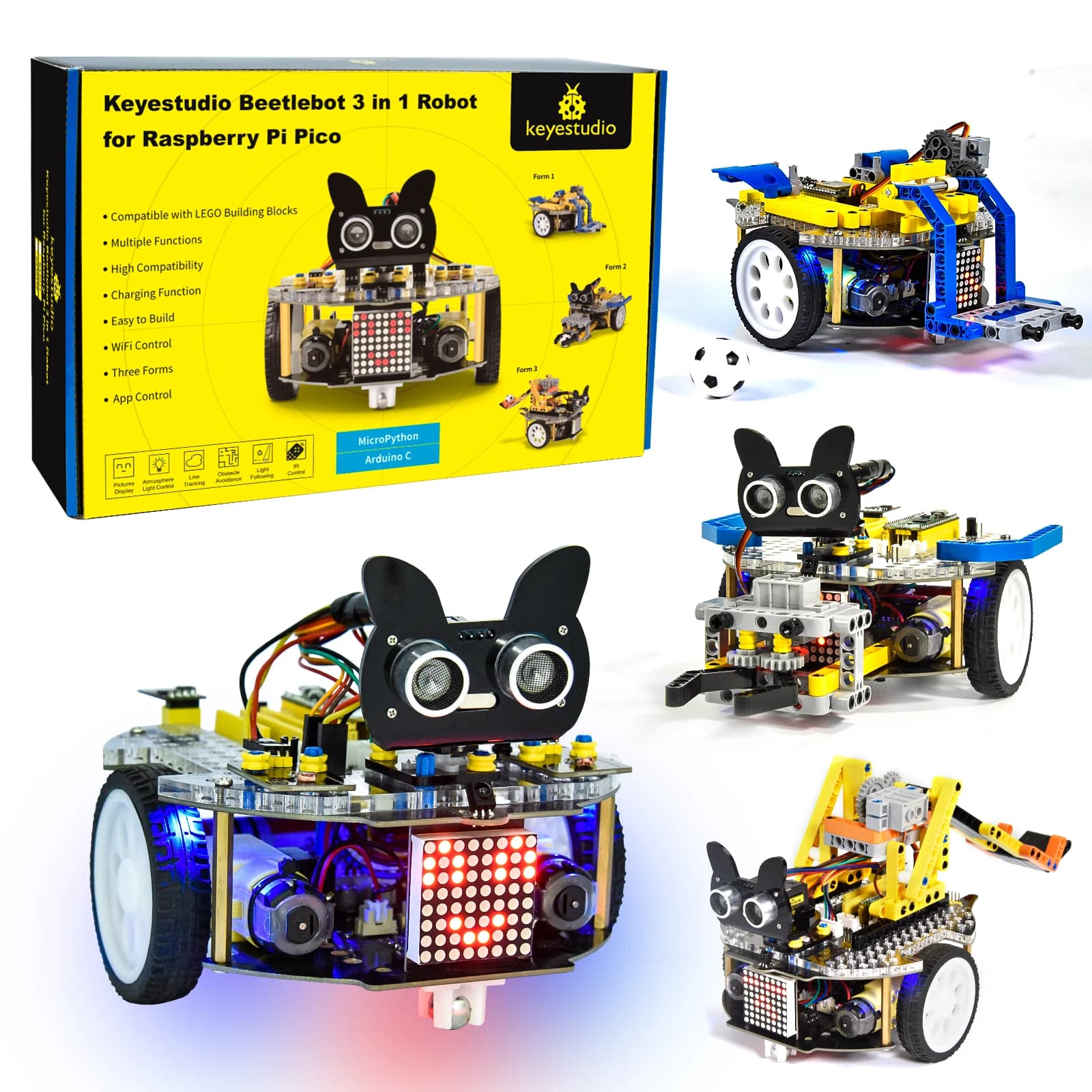 Keyestudio Robot Pico 3 in 1 per auto Raspberry Pi Pico Supporto tutorial Python e C Programmazione compatibile con il kit robot LEGO