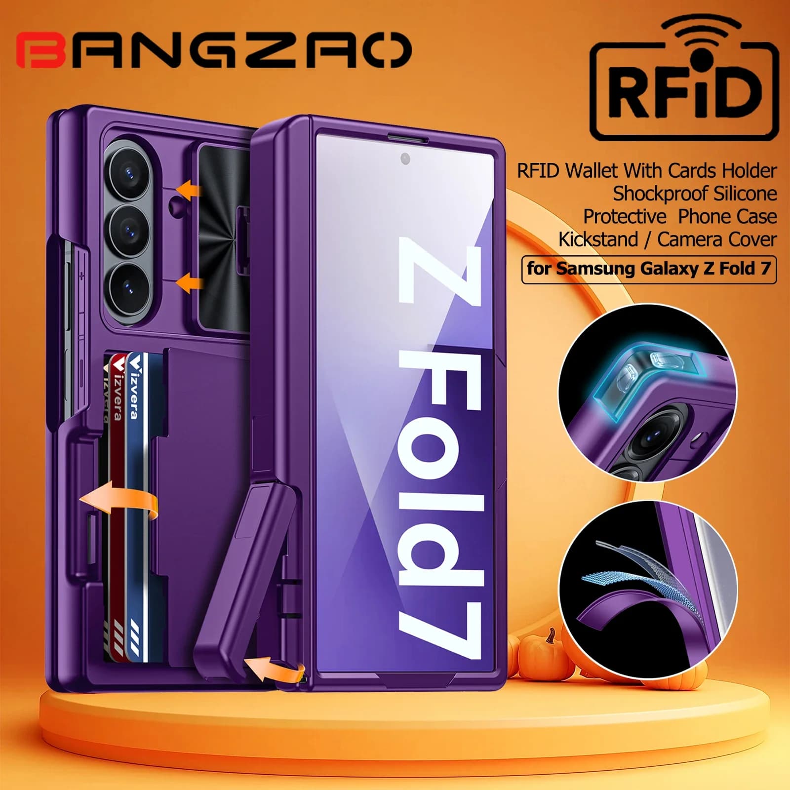 Regali di Halloween per Galaxy Z Fold 7 Portafoglio RFID con porta carte [Cavalletto][Copertura per fotocamera] Custodia per telefono in silicone antiurto-Viola