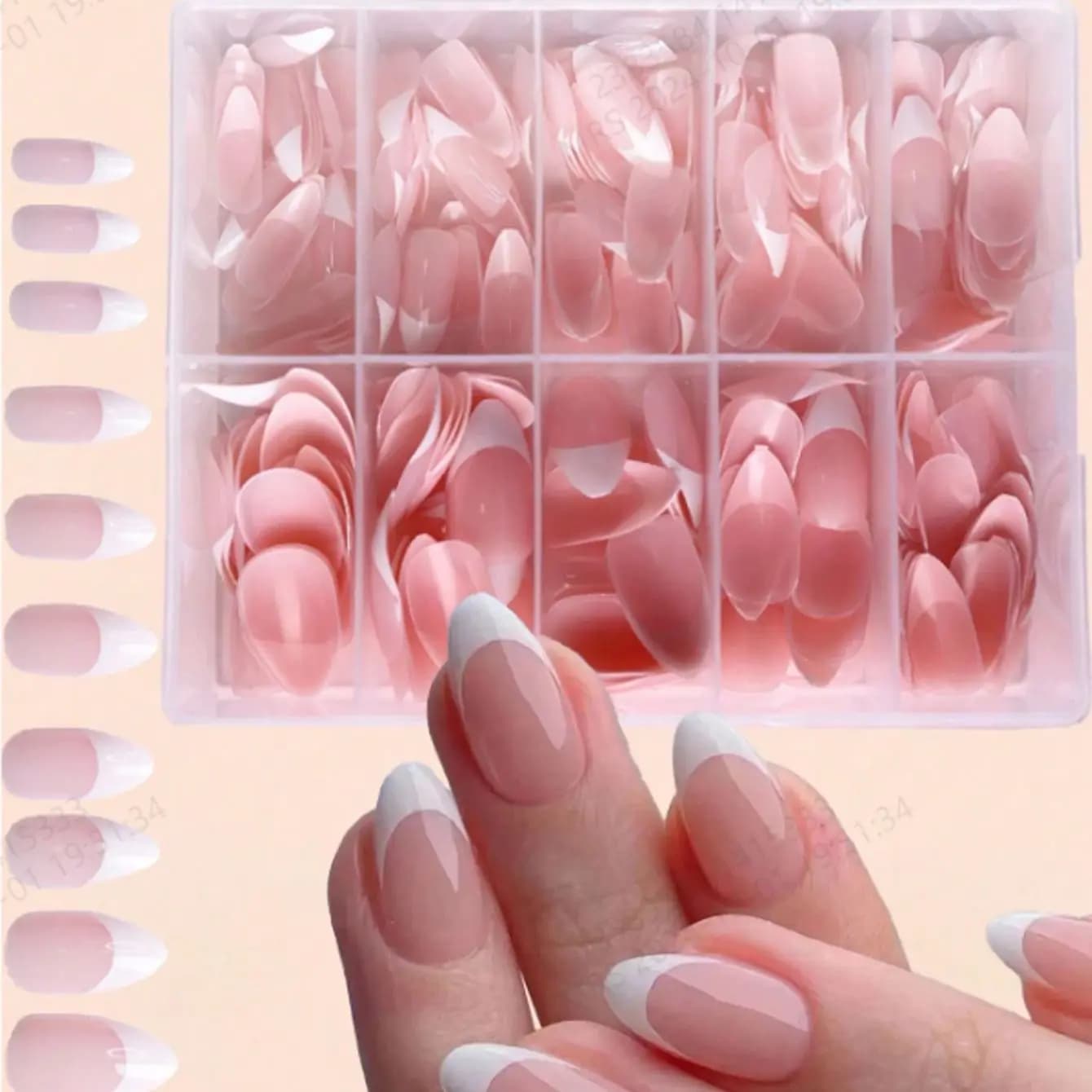 Box of 120 pieces for fake French white almond nails for fashionable women and girls, perfect for everyday chic or party celebrations