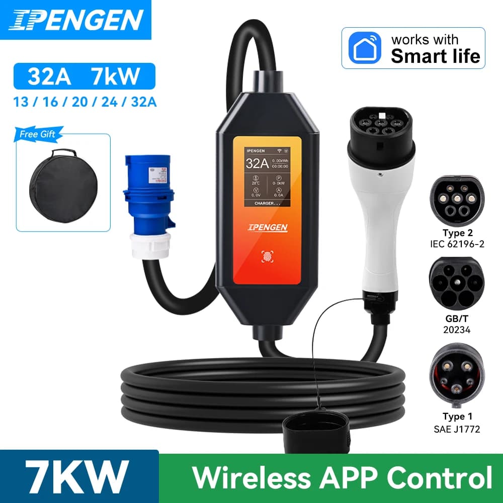 IPENGEN Type2 IEC62196-2 Caricatore EV portatile 7KW 32A Type1 J1772 EVSE Cavo di ricarica veloce GBT 20234 Spina CEE WiFi APP Controllo