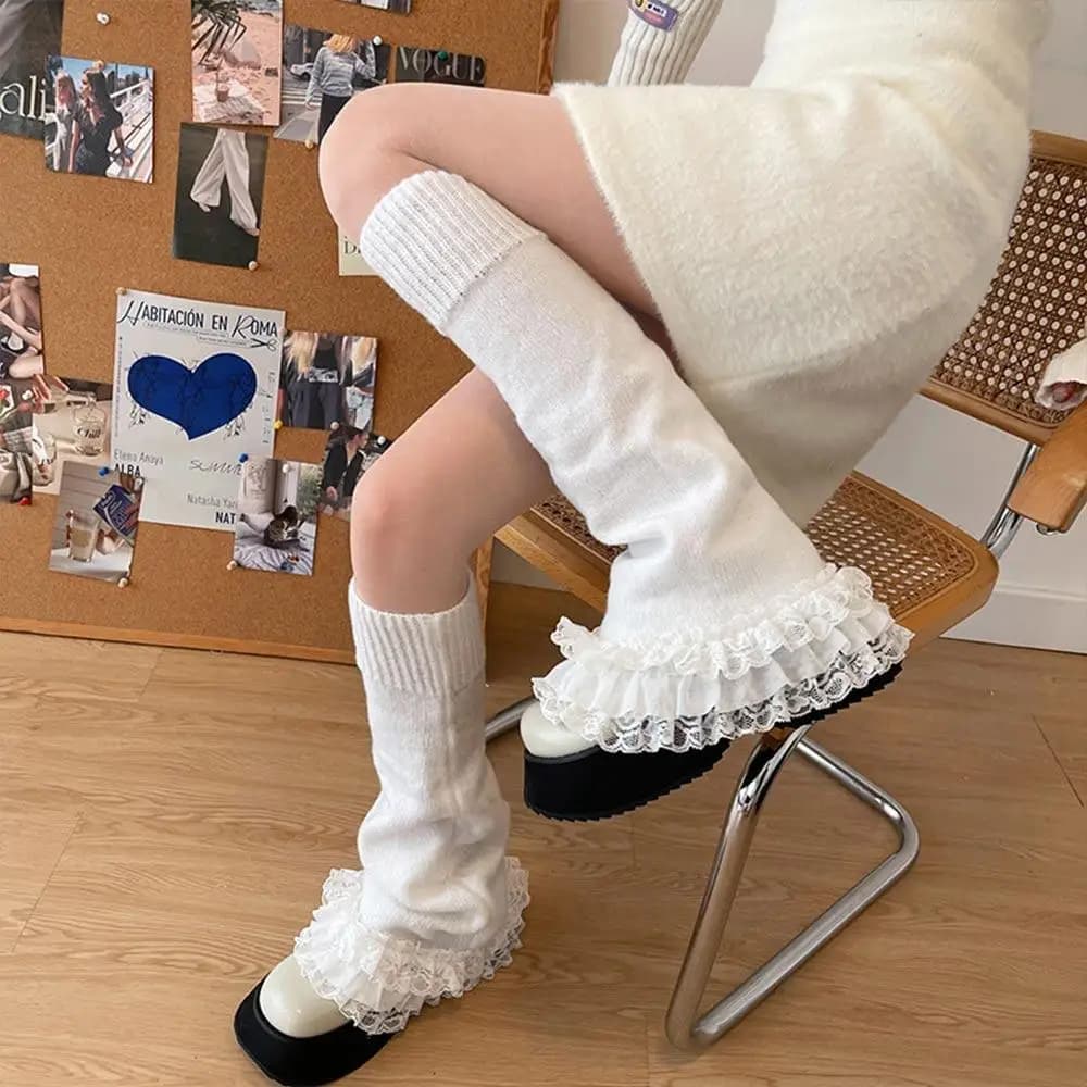 New High Quality Loose Lolita Lace Flare Leg Warmers Japanese JK Winter Warm Leg Cover Knee Warmers Boot Socks for Women & Girls