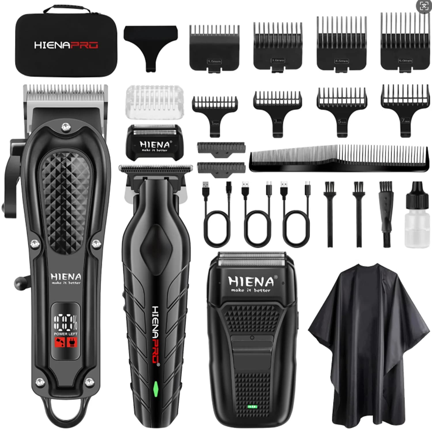 Kit Tagliacapelli HIENA 3-in-1, Trimmer e Rasoio LED Senza Fili, Set per la Cura Personale Ricaricabile USB per Uomo
