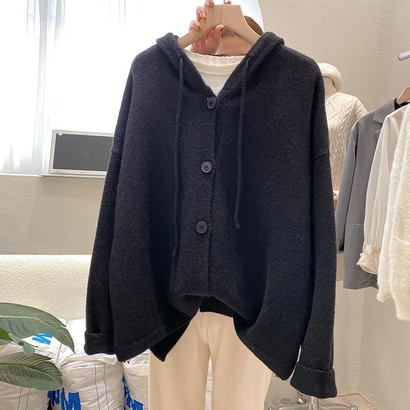 Hooded Knitted Cardigan Women's Solid Color Outer Top Fresh Loose Versatile Sweater Jacket